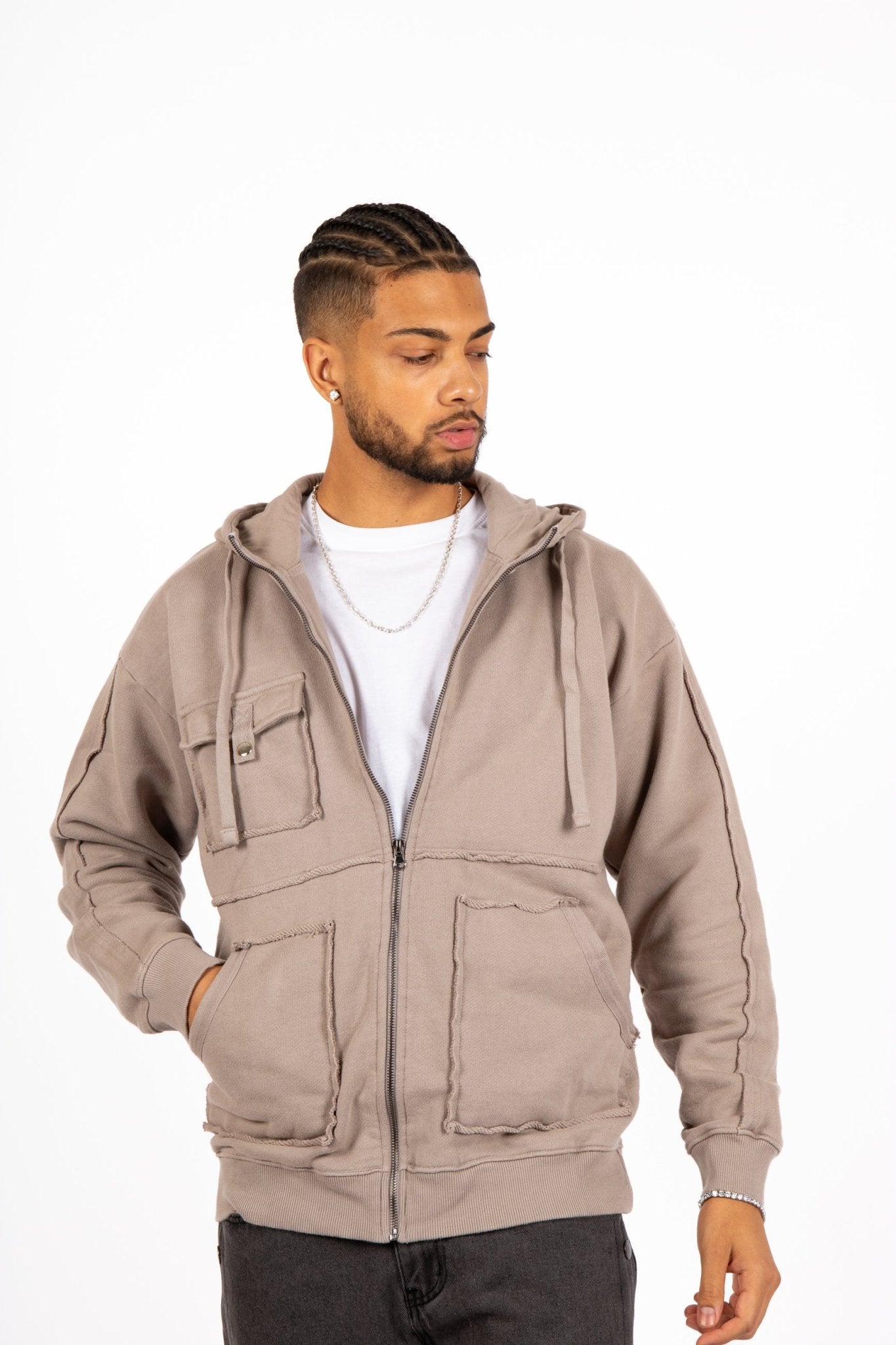 Stone Grey Utility Frayed Seams Hoodie - Liquor n Poker