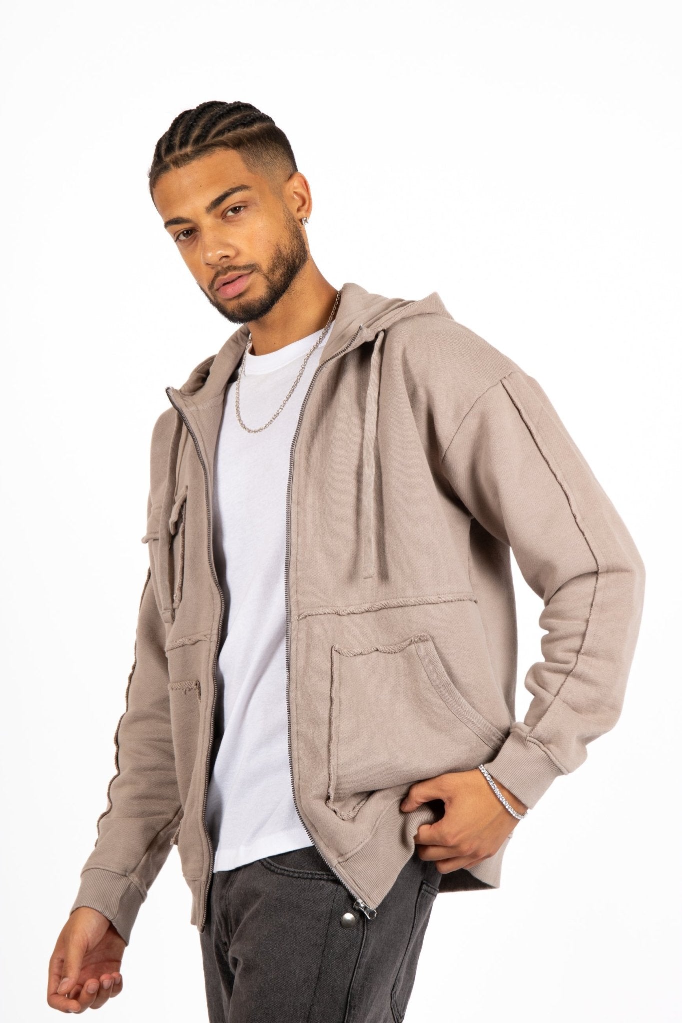 Stone Grey Utility Frayed Seams Hoodie - Liquor n Poker