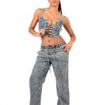 Stonewash Denim Lace Up Corset Crop Top - Liquor n Poker