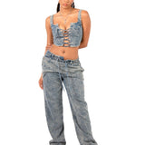 Stonewash Denim Lace Up Corset Crop Top - Liquor n Poker