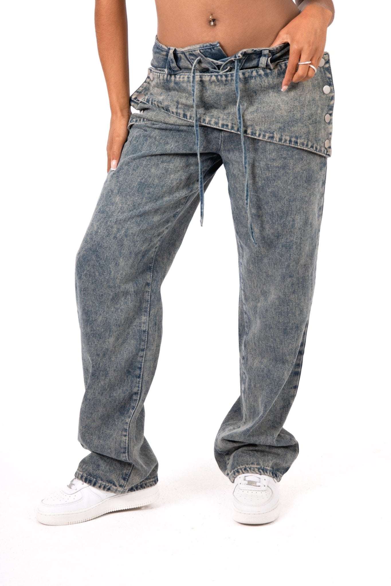 Stonewash Tie Front & Wrap Belted Front Straight Leg Jeans - Liquor n Poker