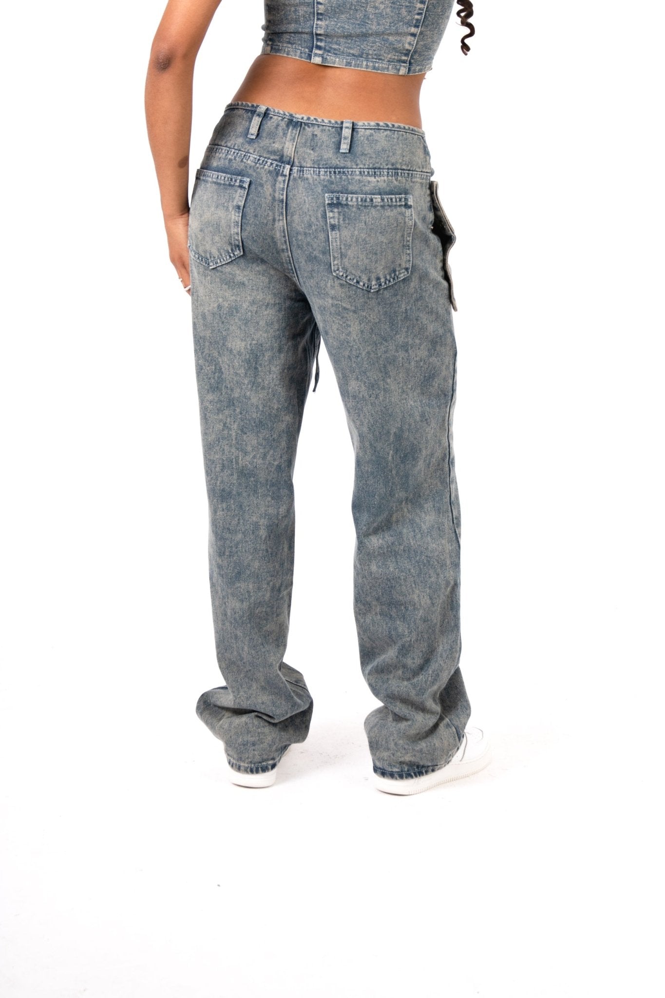 Stonewash Tie Front & Wrap Belted Front Straight Leg Jeans - Liquor n Poker