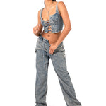 Stonewash Tie Front & Wrap Belted Front Straight Leg Jeans - Liquor n Poker