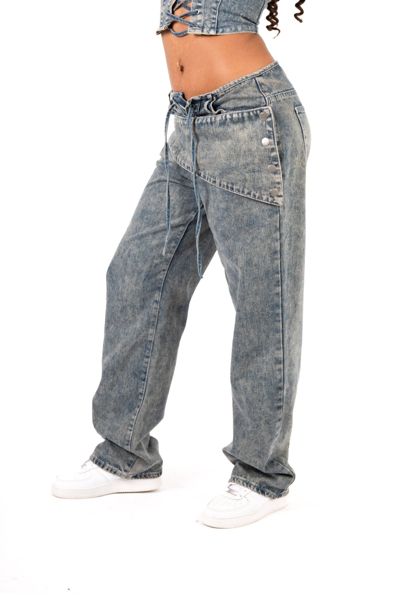 Stonewash Tie Front & Wrap Belted Front Straight Leg Jeans - Liquor n Poker