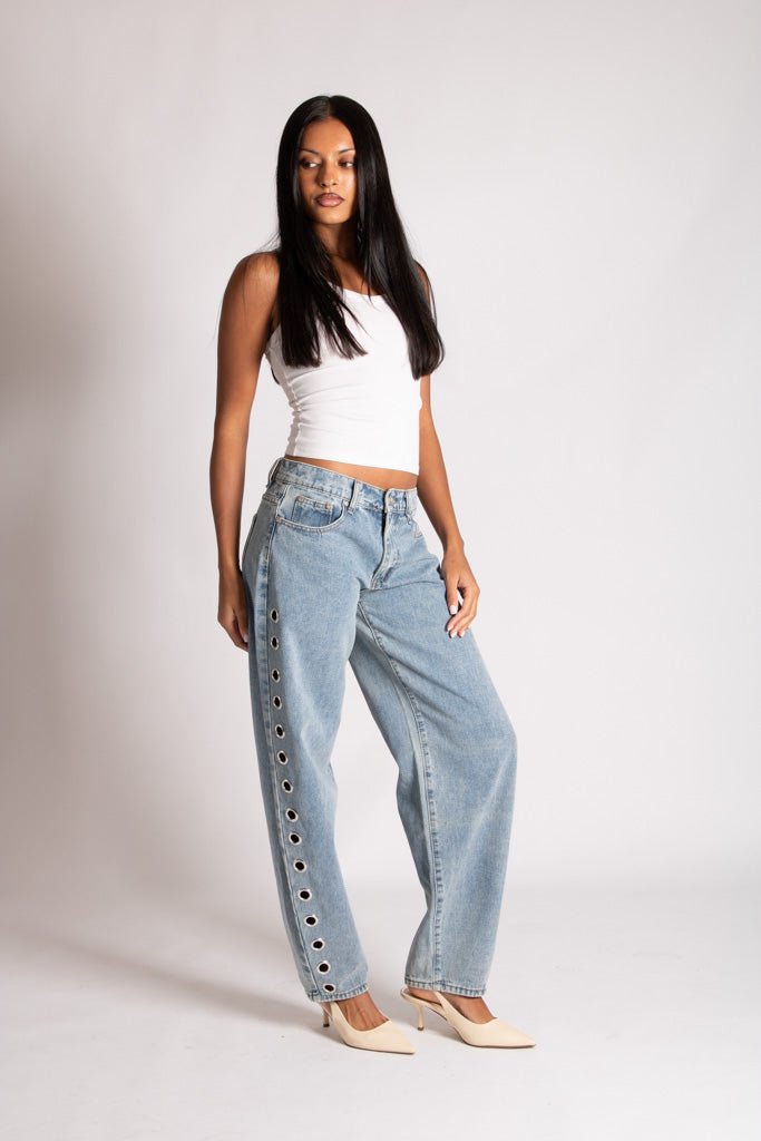 Straight Leg Eyelet Detail Jeans in Stonewash - Liquor n Poker