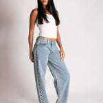 Straight Leg Eyelet Detail Jeans in Stonewash - Liquor n Poker
