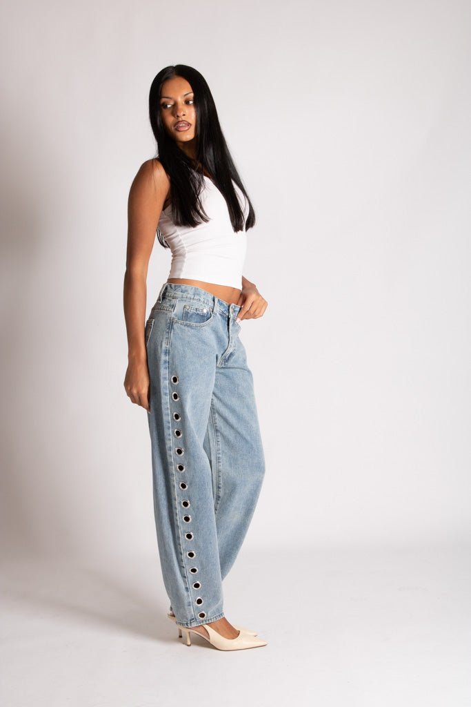 Straight Leg Eyelet Detail Jeans in Stonewash - Liquor n Poker