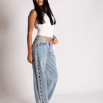 Straight Leg Eyelet Detail Jeans in Stonewash - Liquor n Poker