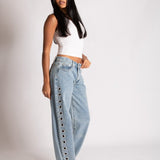 Straight Leg Eyelet Detail Jeans in Stonewash - Liquor n Poker