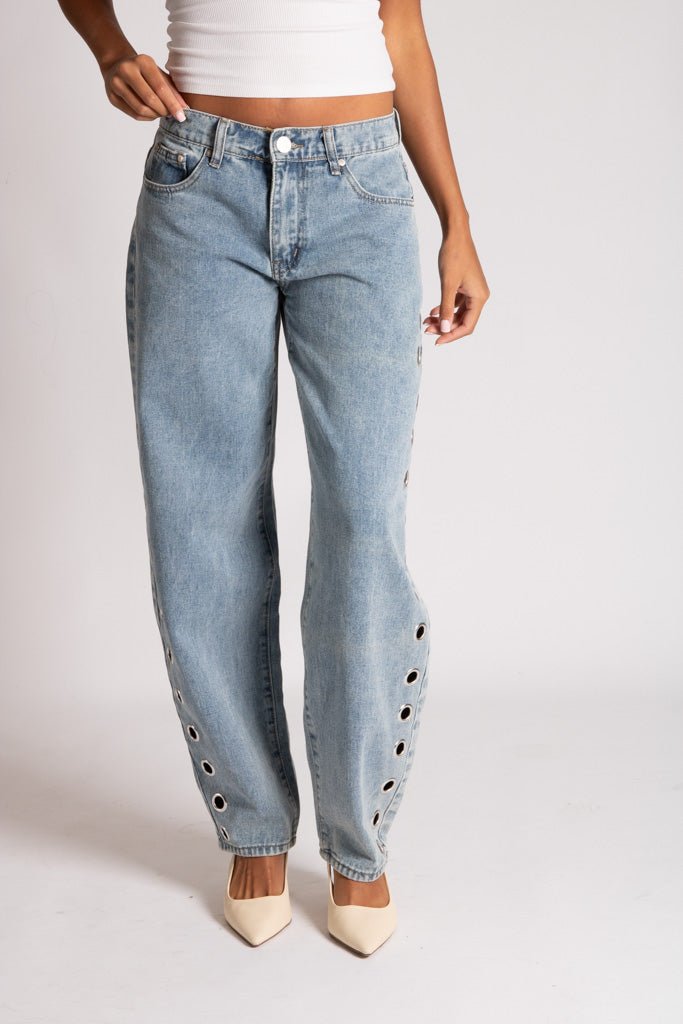 Straight Leg Eyelet Detail Jeans in Stonewash - Liquor n Poker