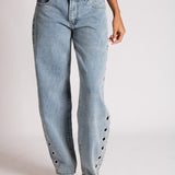 Straight Leg Eyelet Detail Jeans in Stonewash - Liquor n Poker