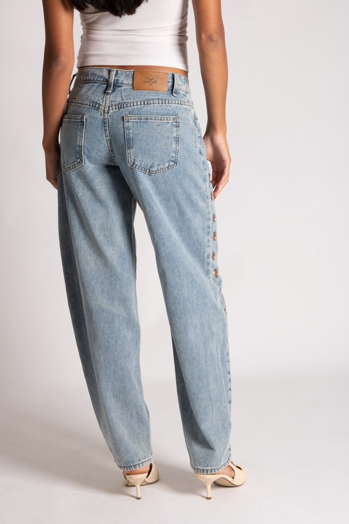 Straight Leg Eyelet Detail Jeans in Stonewash - Liquor n Poker