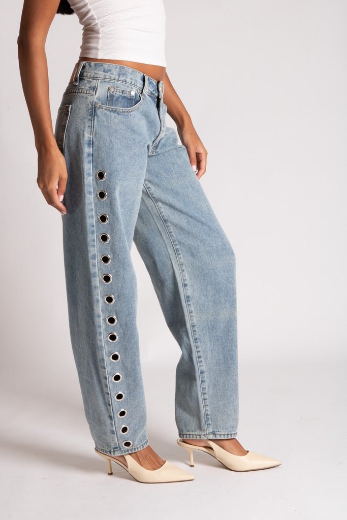 Straight Leg Eyelet Detail Jeans in Stonewash - Liquor n Poker