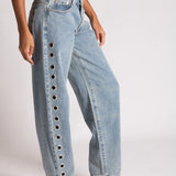 Straight Leg Eyelet Detail Jeans in Stonewash - Liquor n Poker