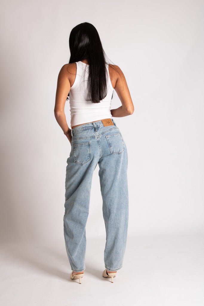 Straight Leg Eyelet Detail Jeans in Stonewash - Liquor n Poker