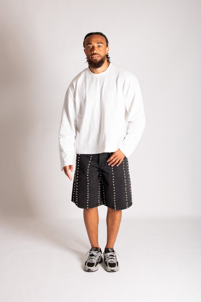 Stud Detail Denim Jorts in Black - Liquor n Poker