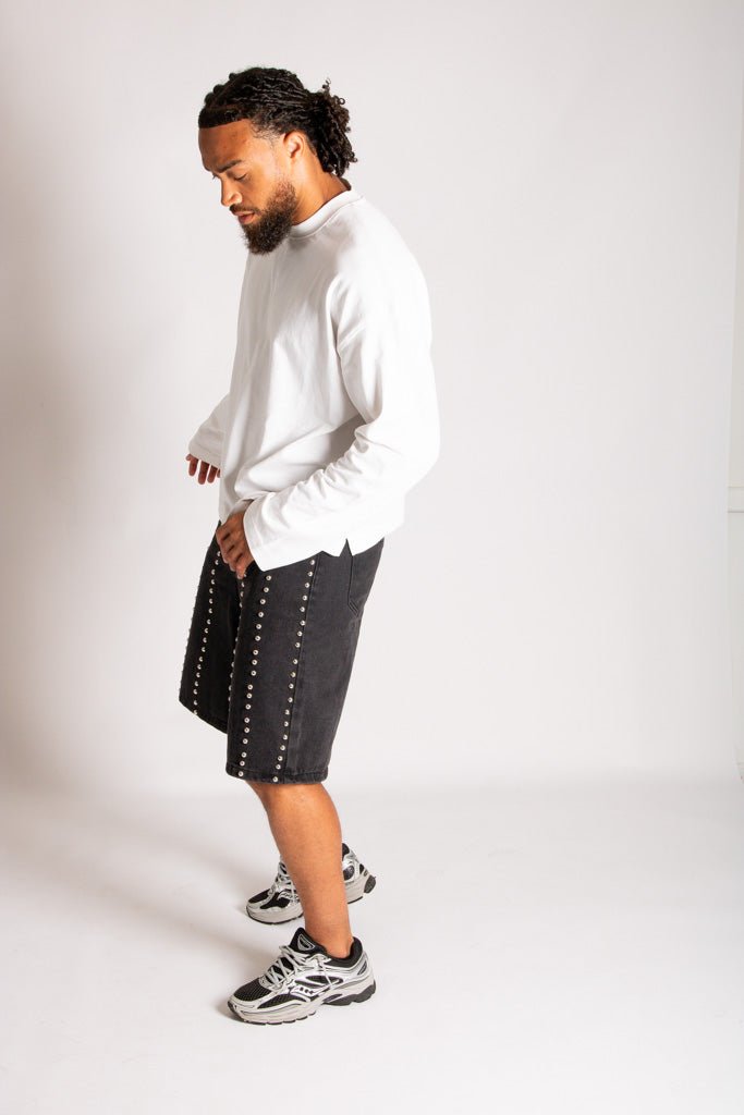 Stud Detail Denim Jorts in Black - Liquor n Poker