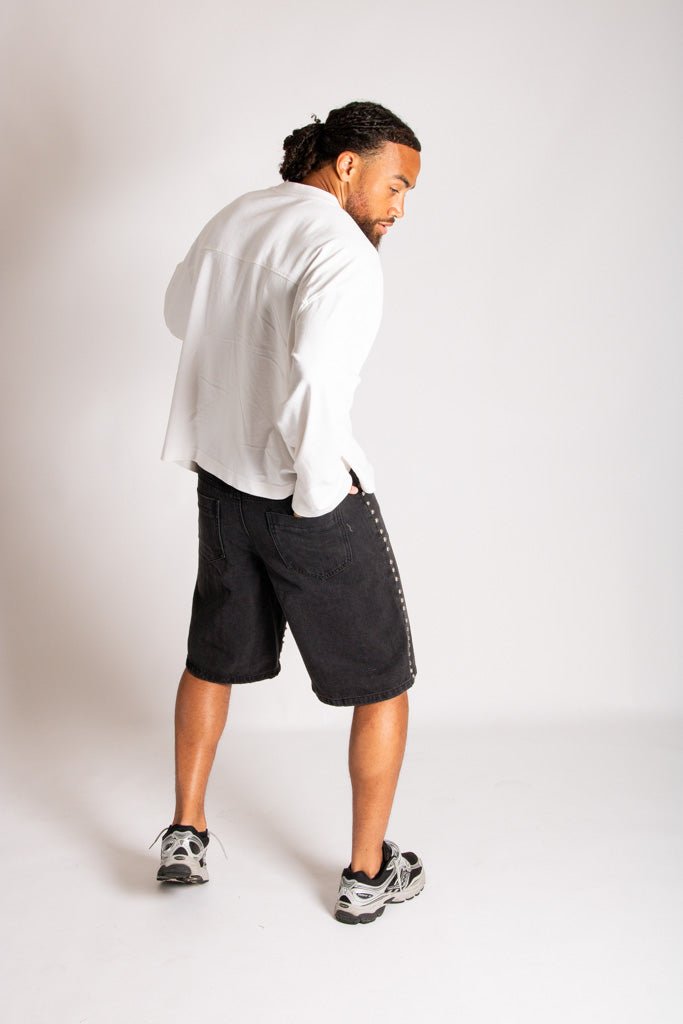 Stud Detail Denim Jorts in Black - Liquor n Poker