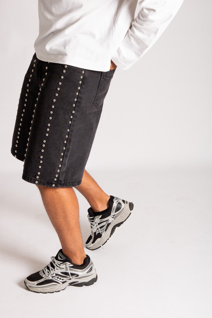Stud Detail Denim Jorts in Black - Liquor n Poker