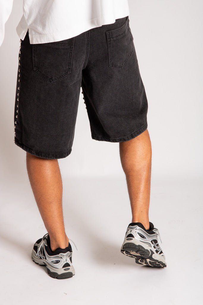 Stud Detail Denim Jorts in Black - Liquor n Poker