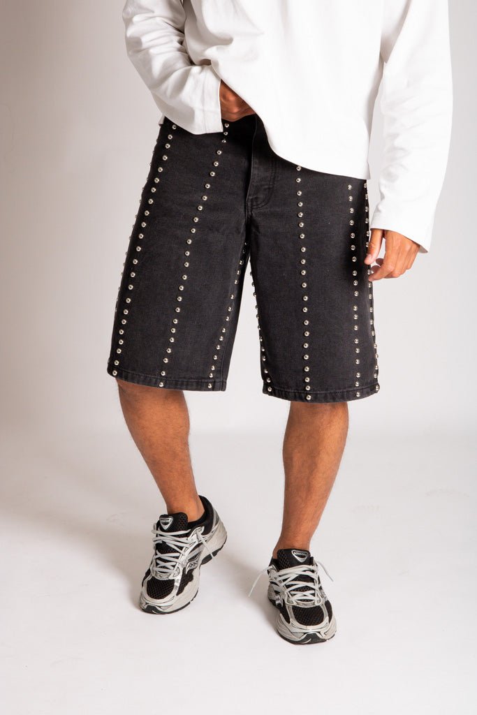 Stud Detail Denim Jorts in Black - Liquor n Poker