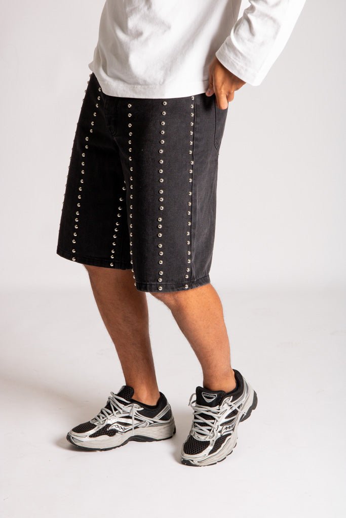 Stud Detail Denim Jorts in Black - Liquor n Poker
