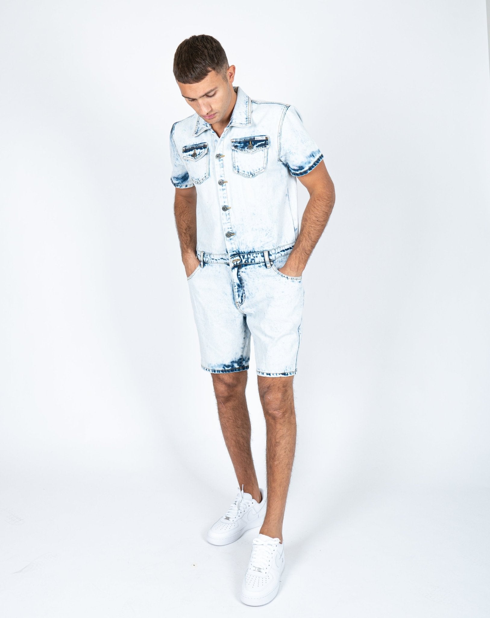Tennessee Denim Overall Shorts In Cloud Wash - Liquor n Poker