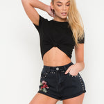 Texas High Rise Denim Shorts With Rose Applique And Studs - Liquor n Poker