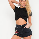 Texas High Rise Denim Shorts With Rose Applique And Studs - Liquor n Poker