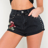 Texas High Rise Denim Shorts With Rose Applique And Studs - Liquor n Poker
