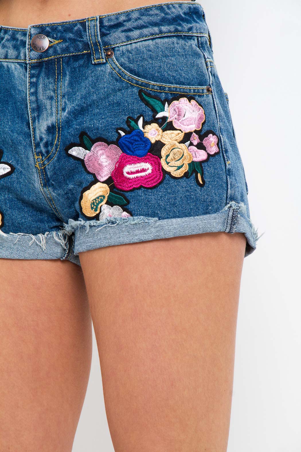 Topeka Blue Denim Shorts With Floral Patch - Liquor n Poker