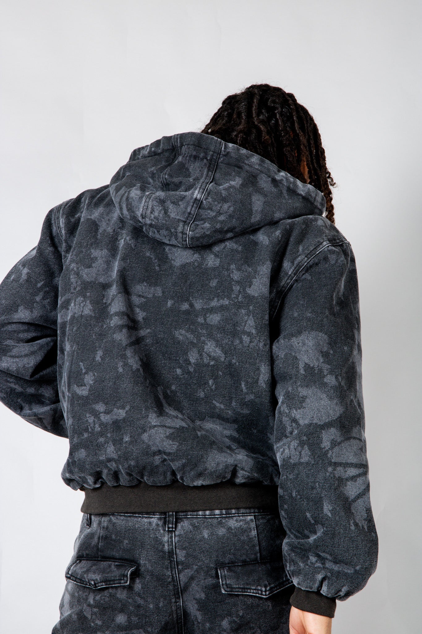 Tree Camo Hooded Denim Padded Jacket In Acid Tonal Black - Liquor n Poker