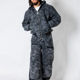 Tree Camo Hooded Denim Padded Jacket In Acid Tonal Black - Liquor n Poker