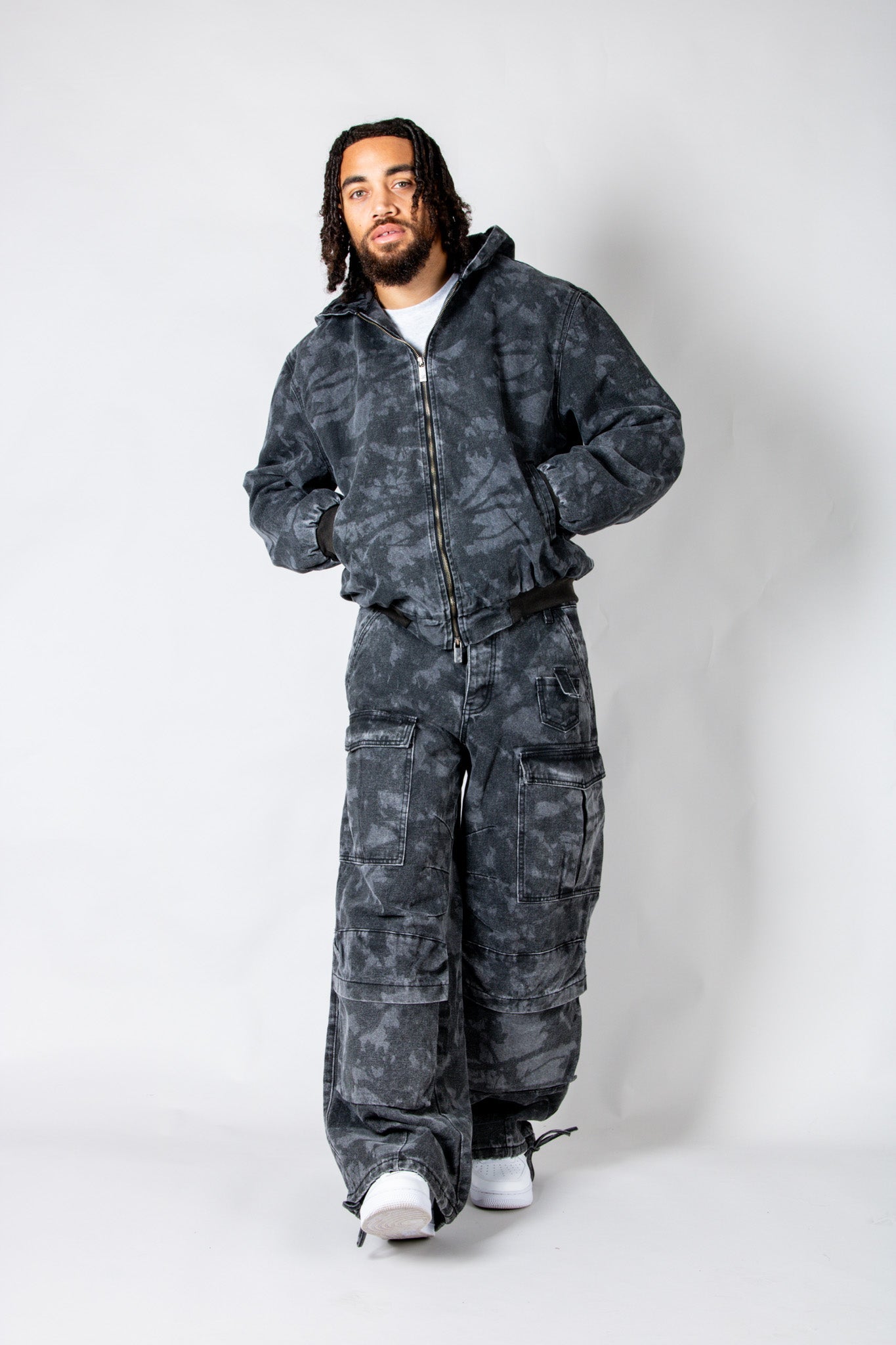 Tree Camo Hooded Denim Padded Jacket In Acid Tonal Black - Liquor n Poker