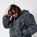 Tree Camo Hooded Denim Padded Jacket In Acid Tonal Black - Liquor n Poker