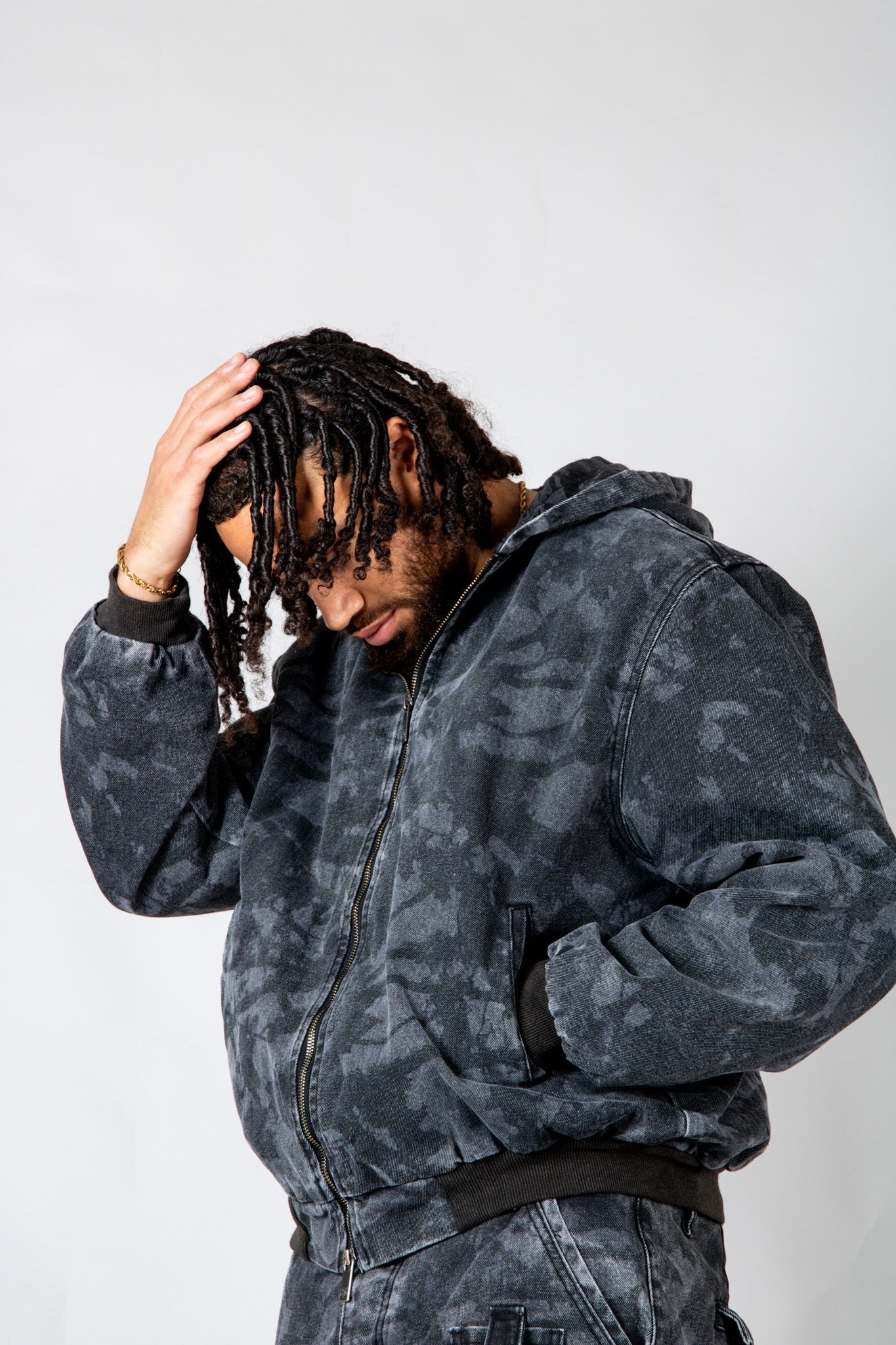 Tree Camo Hooded Denim Padded Jacket In Acid Tonal Black - Liquor n Poker