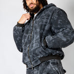 Tree Camo Hooded Denim Padded Jacket In Acid Tonal Black - Liquor n Poker