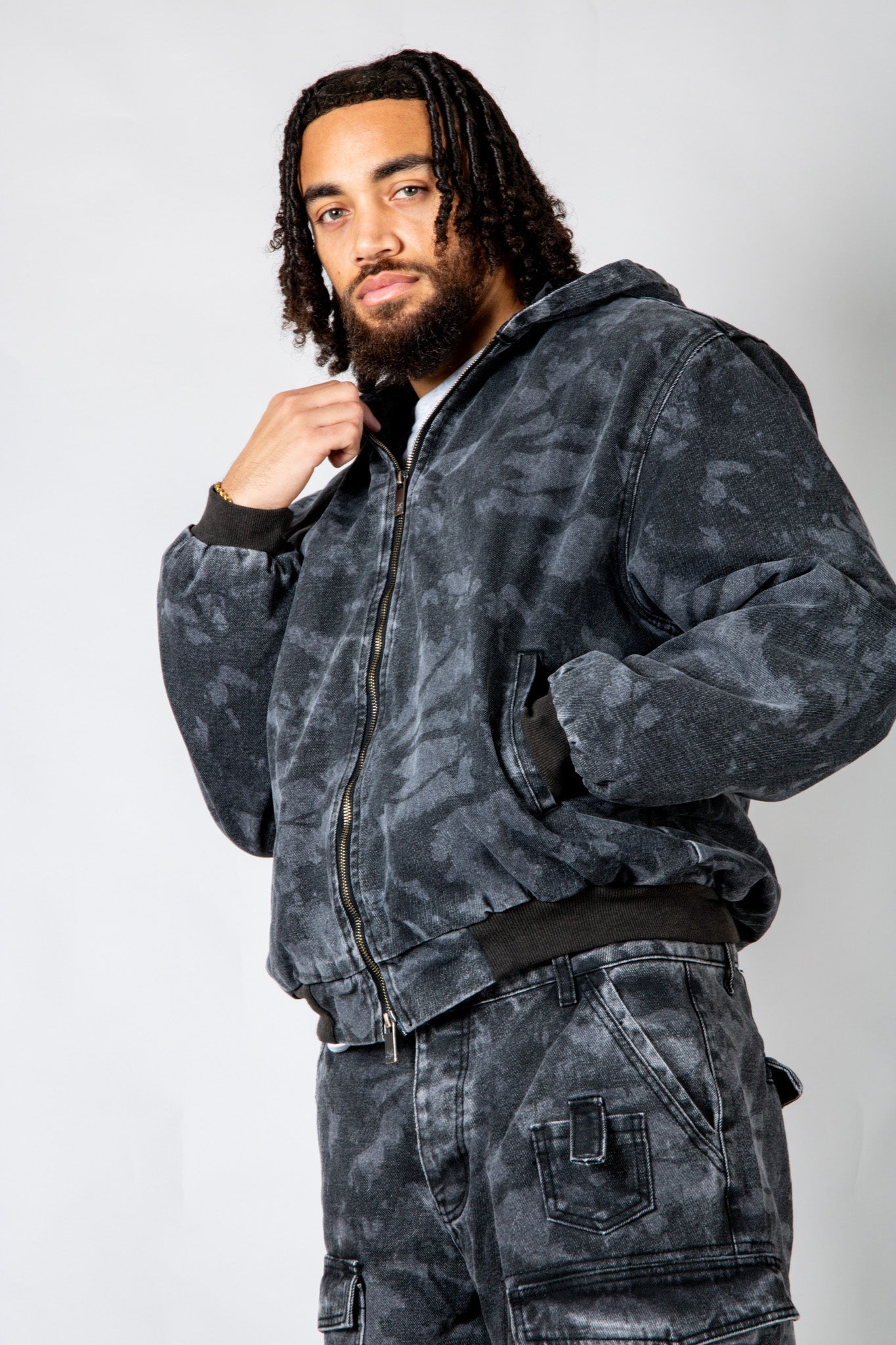 Tree Camo Hooded Denim Padded Jacket In Acid Tonal Black - Liquor n Poker