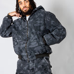 Tree Camo Hooded Denim Padded Jacket In Acid Tonal Black - Liquor n Poker