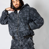 Tree Camo Hooded Denim Padded Jacket In Acid Tonal Black - Liquor n Poker