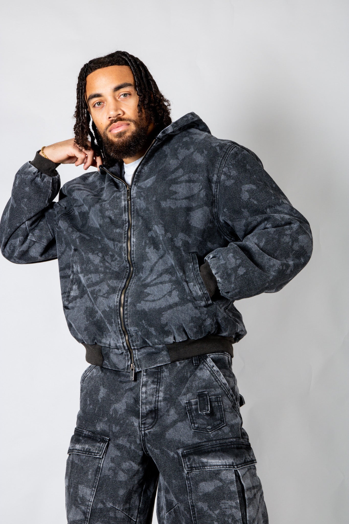 Tree Camo Hooded Denim Padded Jacket In Acid Tonal Black - Liquor n Poker
