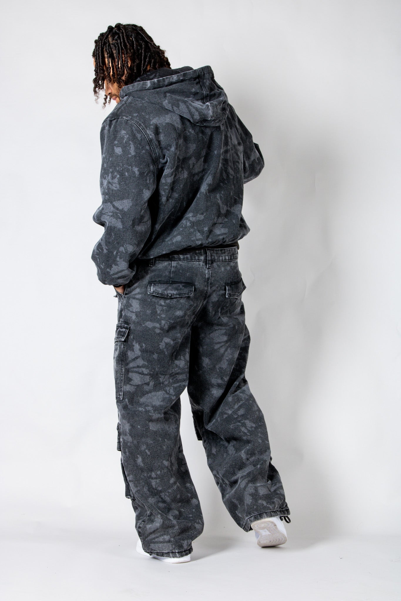 Tree Camo Hooded Denim Padded Jacket In Acid Tonal Black - Liquor n Poker