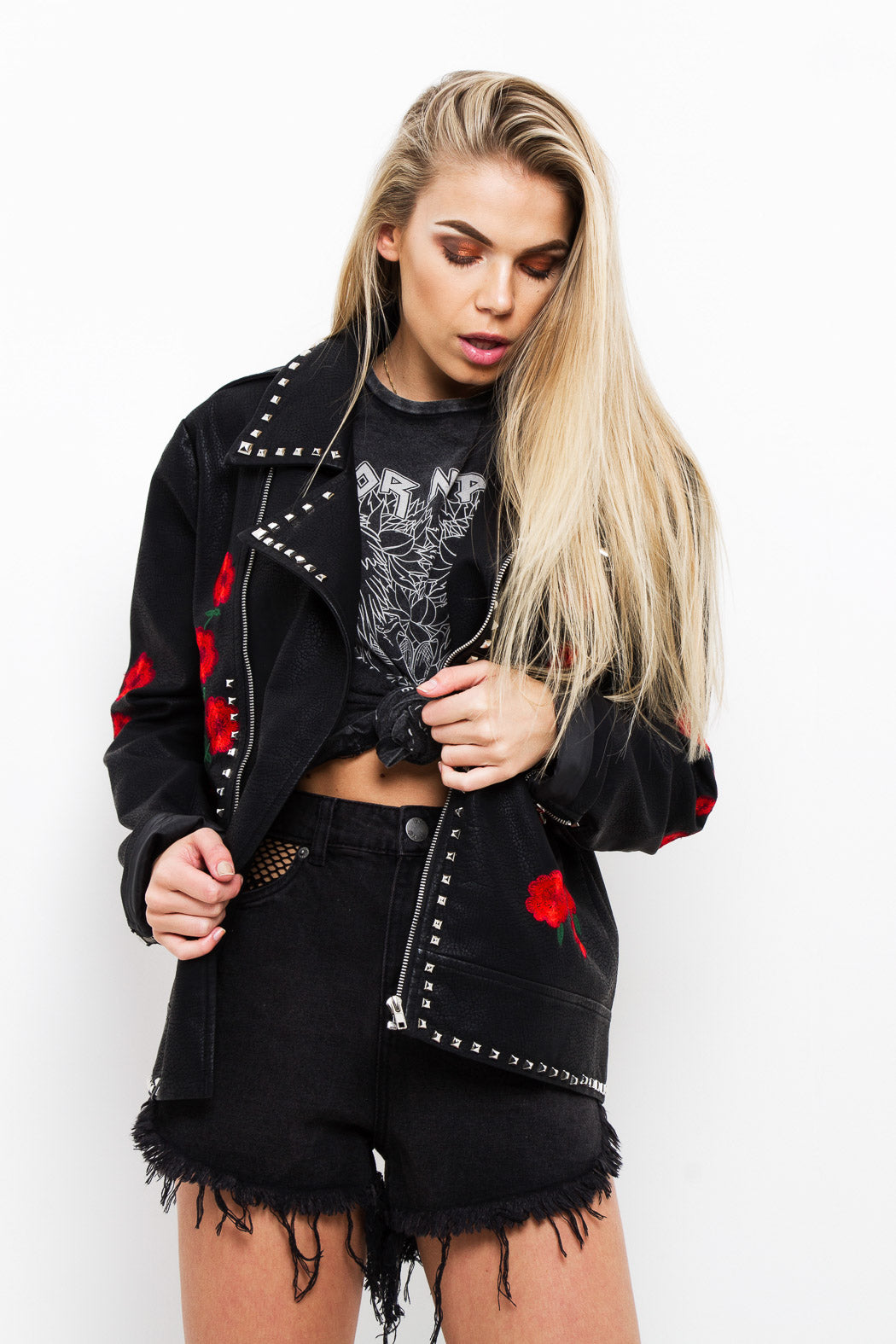 "Roses Are Red" Embroidered Studded PU Jacket