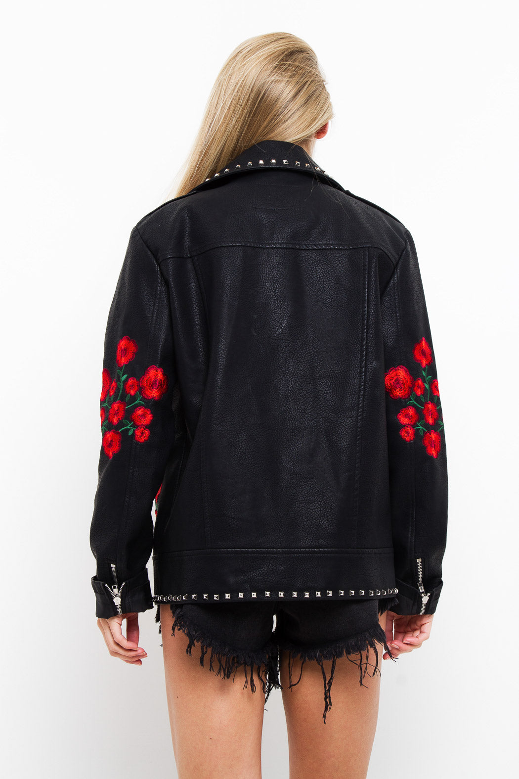 "Roses Are Red" Embroidered Studded PU Jacket