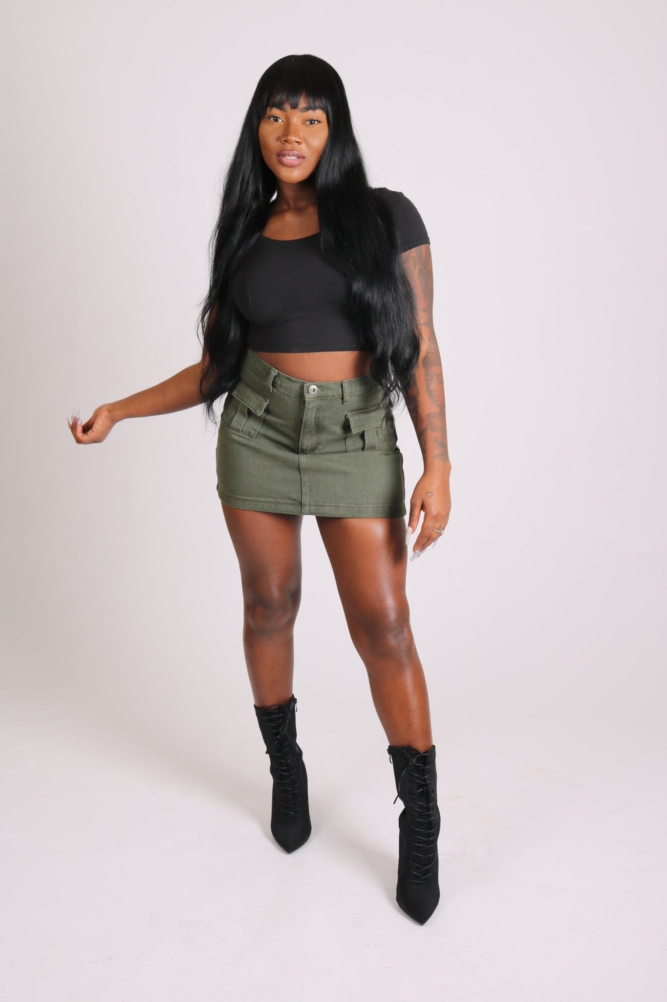 Utility Pocket Denim Mini Skirt In Khaki - Liquor n Poker