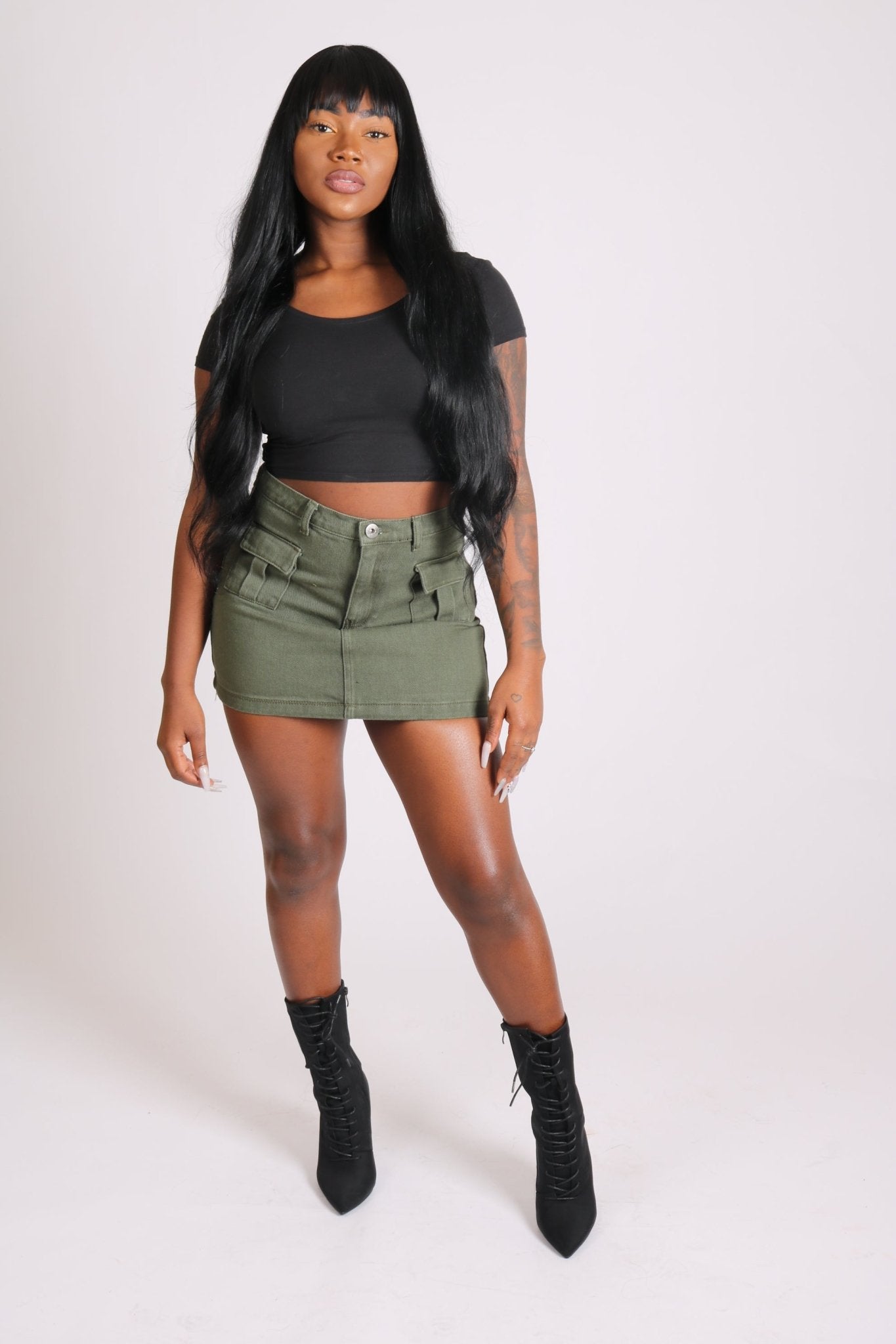 Utility Pocket Denim Mini Skirt In Khaki - Liquor n Poker