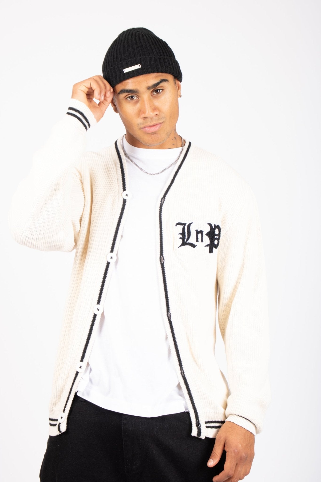 Varsity Knitted Cardigan In Off White - Liquor n Poker