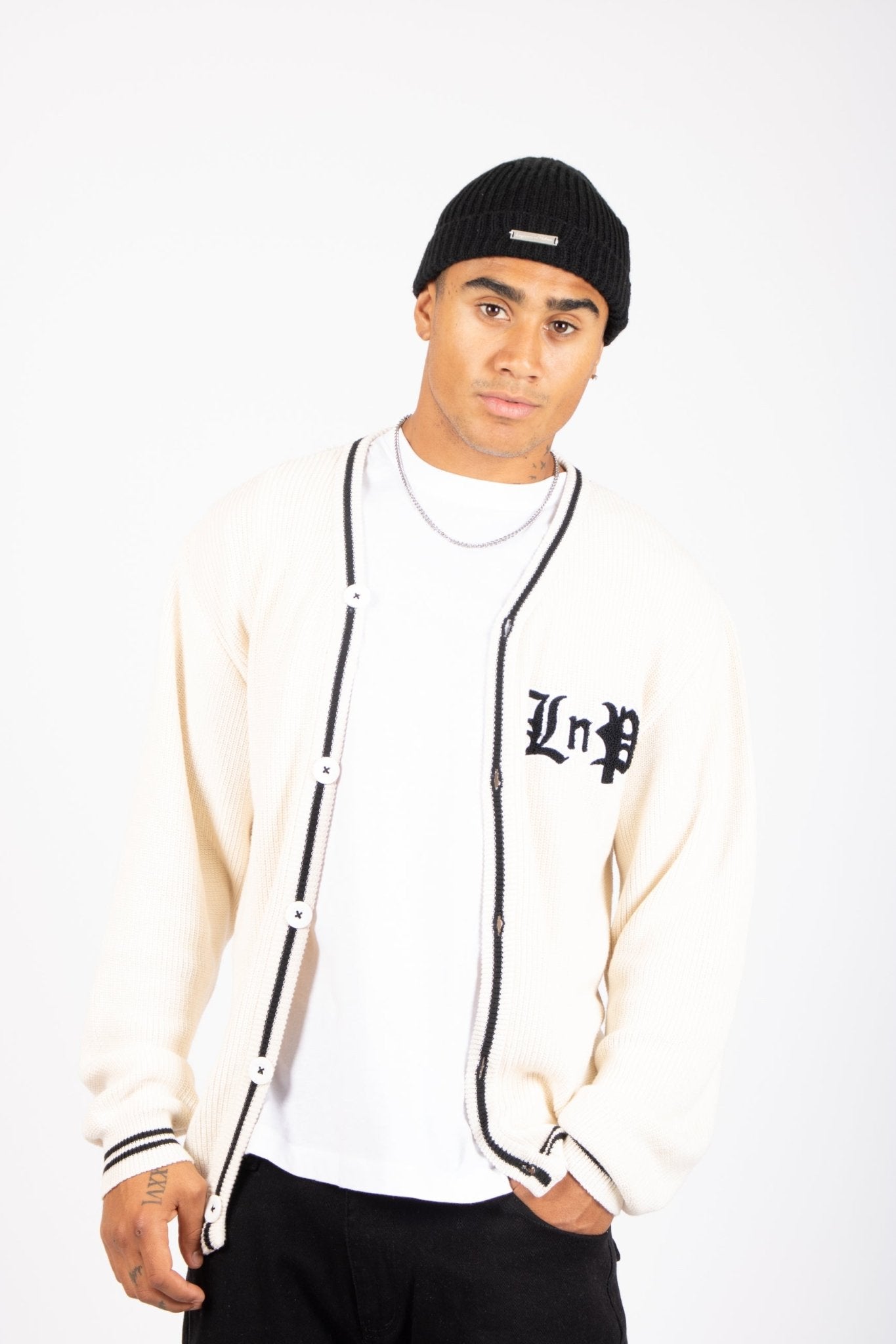 Varsity Knitted Cardigan In Off White - Liquor n Poker