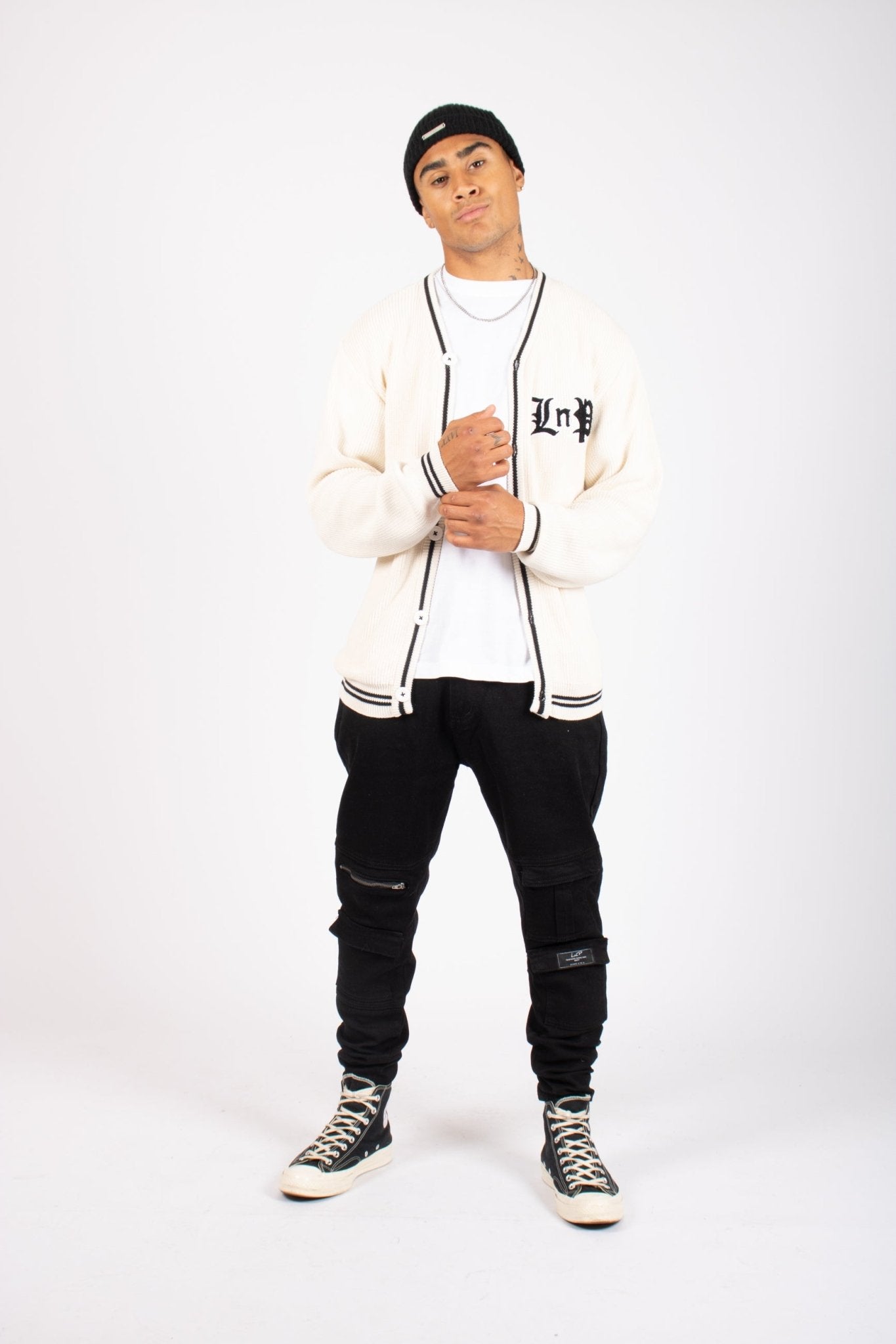 Varsity Knitted Cardigan In Off White - Liquor n Poker