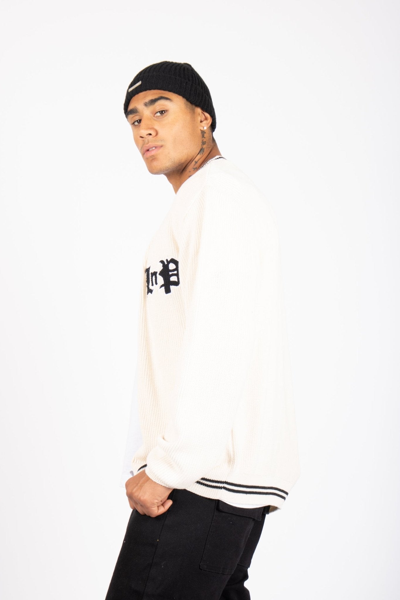 Varsity Knitted Cardigan In Off White - Liquor n Poker